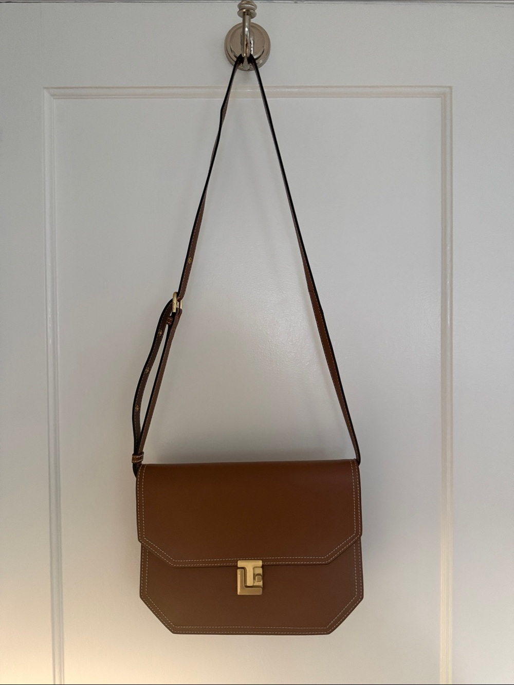 Structured Brown Leather Crossbody Bag with Gold-Tone Lock